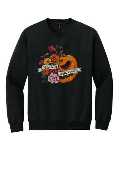 Sorta Sweet Sorta Spooky floral jack-o-lantern Halloween crewneck sweatshirt printed on Sand in Black