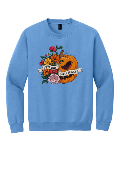 Sorta Sweet Sorta Spooky floral jack-o-lantern Halloween crewneck sweatshirt printed on Sand in Carolina Blue