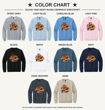 Sorta Sweet Sorta Spooky floral jack-o-lantern Halloween crewneck sweatshirt printed on Sand - available shirt colors chart