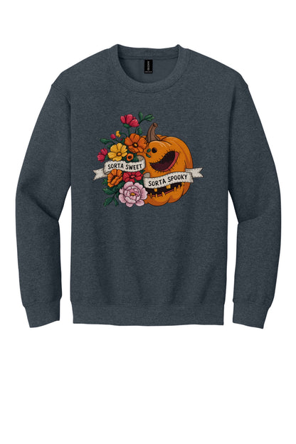 Sorta Sweet Sorta Spooky floral jack-o-lantern Halloween crewneck sweatshirt printed on Sand in Dark Heather