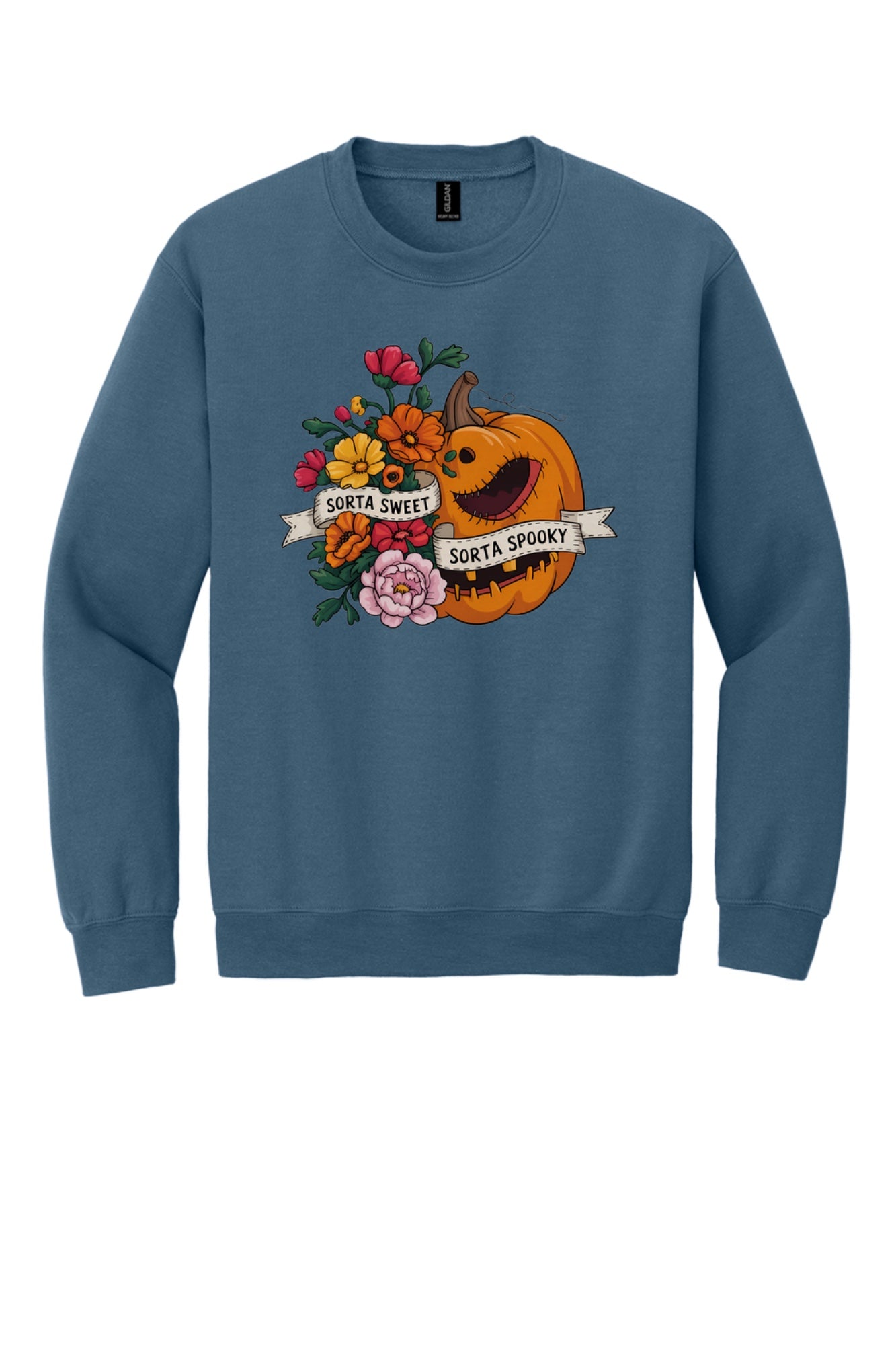 Sorta Sweet Sorta Spooky floral jack-o-lantern Halloween crewneck sweatshirt printed on Sand in Indigo Blue