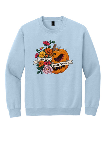 Sorta Sweet Sorta Spooky floral jack-o-lantern Halloween crewneck sweatshirt printed on Sand in Light Blue