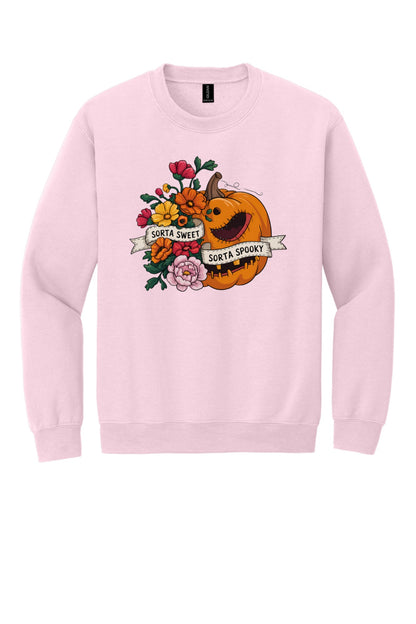 Sorta Sweet Sorta Spooky floral jack-o-lantern Halloween crewneck sweatshirt printed on Sand in Light Pink