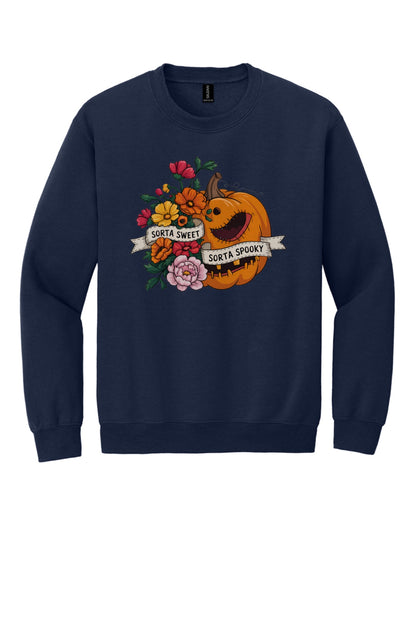 Sorta Sweet Sorta Spooky floral jack-o-lantern Halloween crewneck sweatshirt printed on Sand in Navy