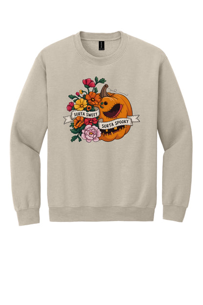 Sorta Sweet Sorta Spooky floral jack-o-lantern Halloween crewneck sweatshirt printed on Sand in Sand