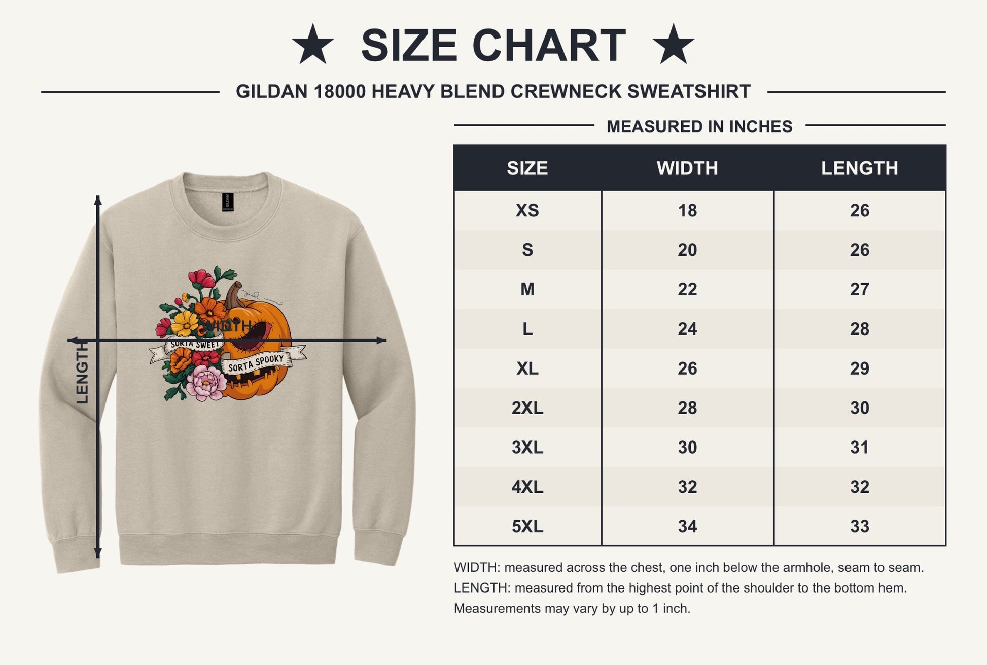 Sorta Sweet Sorta Spooky floral jack-o-lantern Halloween crewneck sweatshirt printed on Sand - size chart