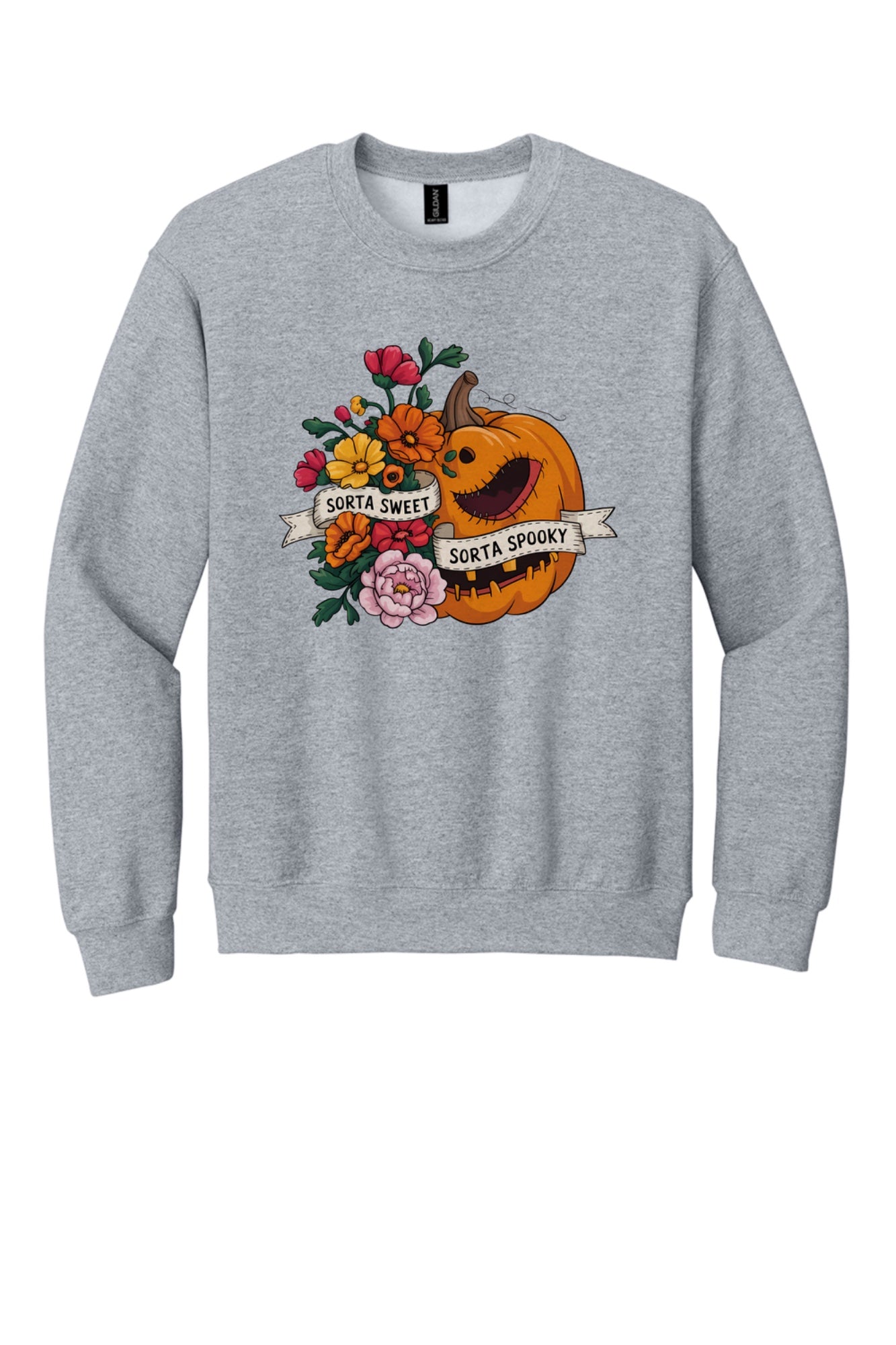 Sorta Sweet Sorta Spooky floral jack-o-lantern Halloween crewneck sweatshirt printed on Sand in Sport Grey