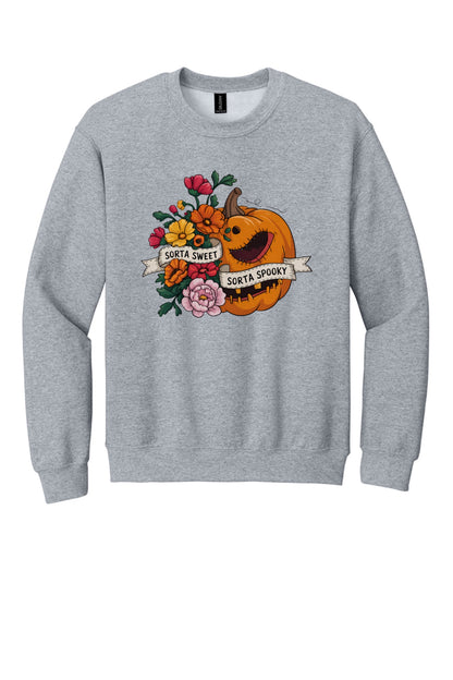Sorta Sweet Sorta Spooky floral jack-o-lantern Halloween crewneck sweatshirt printed on Sand in Sport Grey