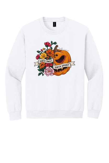 Sorta Sweet Sorta Spooky floral jack-o-lantern Halloween crewneck sweatshirt printed on Sand in White