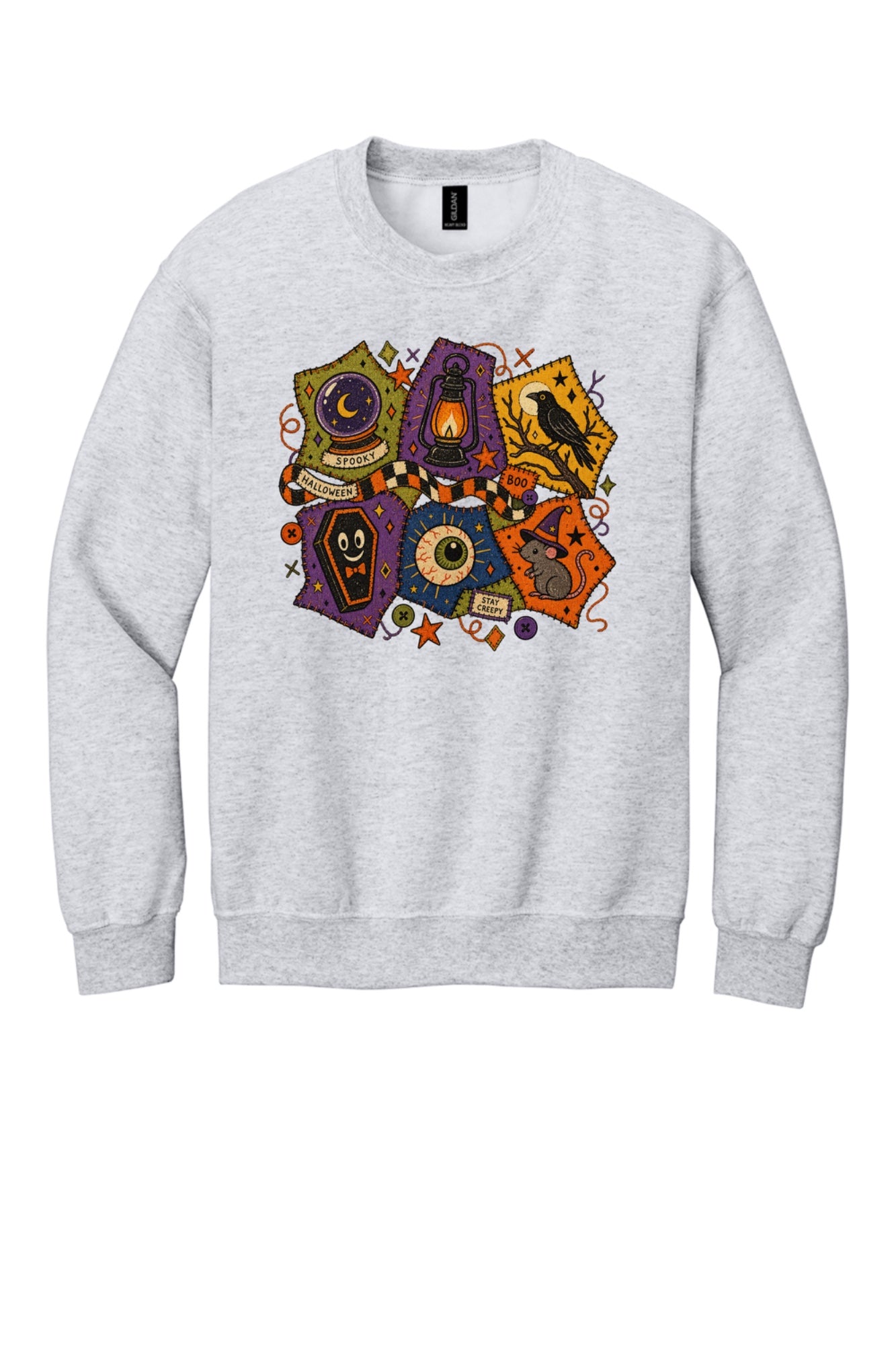 Spooky Halloween patchwork crewneck sweatshirt with STAY CREEPY, BOO, crystal ball, raven, witch mouse DTF print in Ash