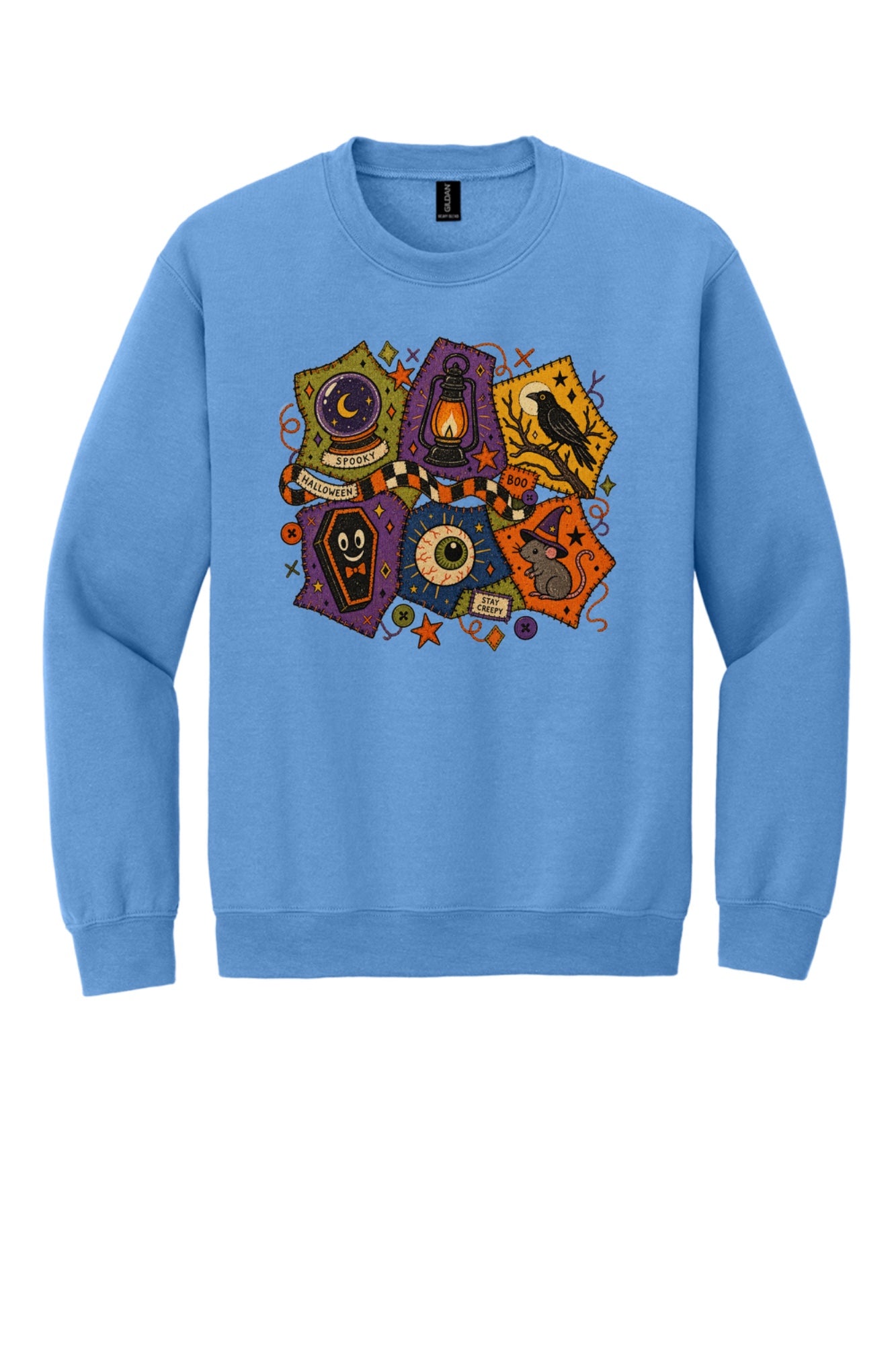 Spooky Halloween patchwork crewneck sweatshirt with STAY CREEPY, BOO, crystal ball, raven, witch mouse DTF print in Carolina Blue