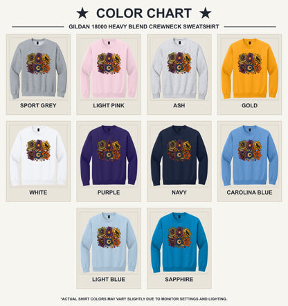 Spooky Halloween patchwork crewneck sweatshirt with STAY CREEPY, BOO, crystal ball, raven, witch mouse DTF print - available shirt colors chart