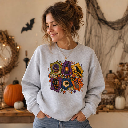 Spooky Halloween patchwork crewneck sweatshirt with STAY CREEPY, BOO, crystal ball, raven, witch mouse DTF print, worn by a model