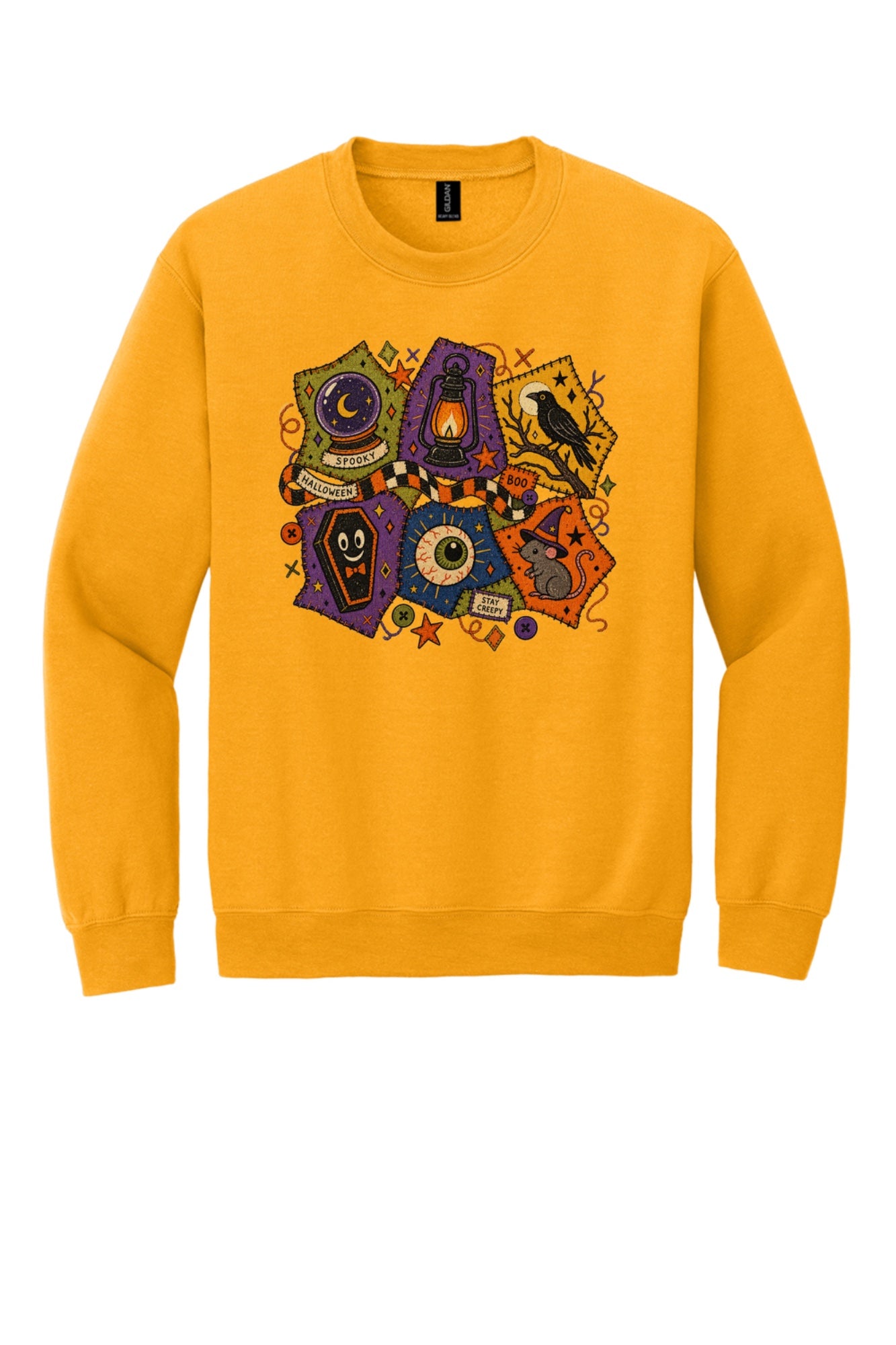 Spooky Halloween patchwork crewneck sweatshirt with STAY CREEPY, BOO, crystal ball, raven, witch mouse DTF print in Gold