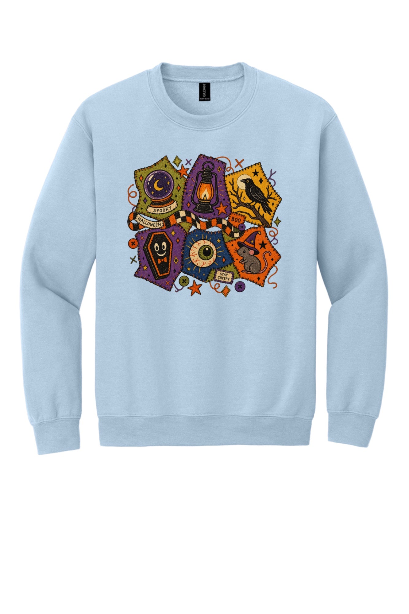 Spooky Halloween patchwork crewneck sweatshirt with STAY CREEPY, BOO, crystal ball, raven, witch mouse DTF print in Light Blue