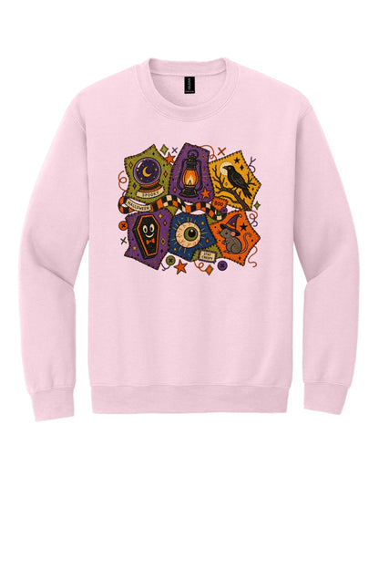 Spooky Halloween patchwork crewneck sweatshirt with STAY CREEPY, BOO, crystal ball, raven, witch mouse DTF print in Light Pink