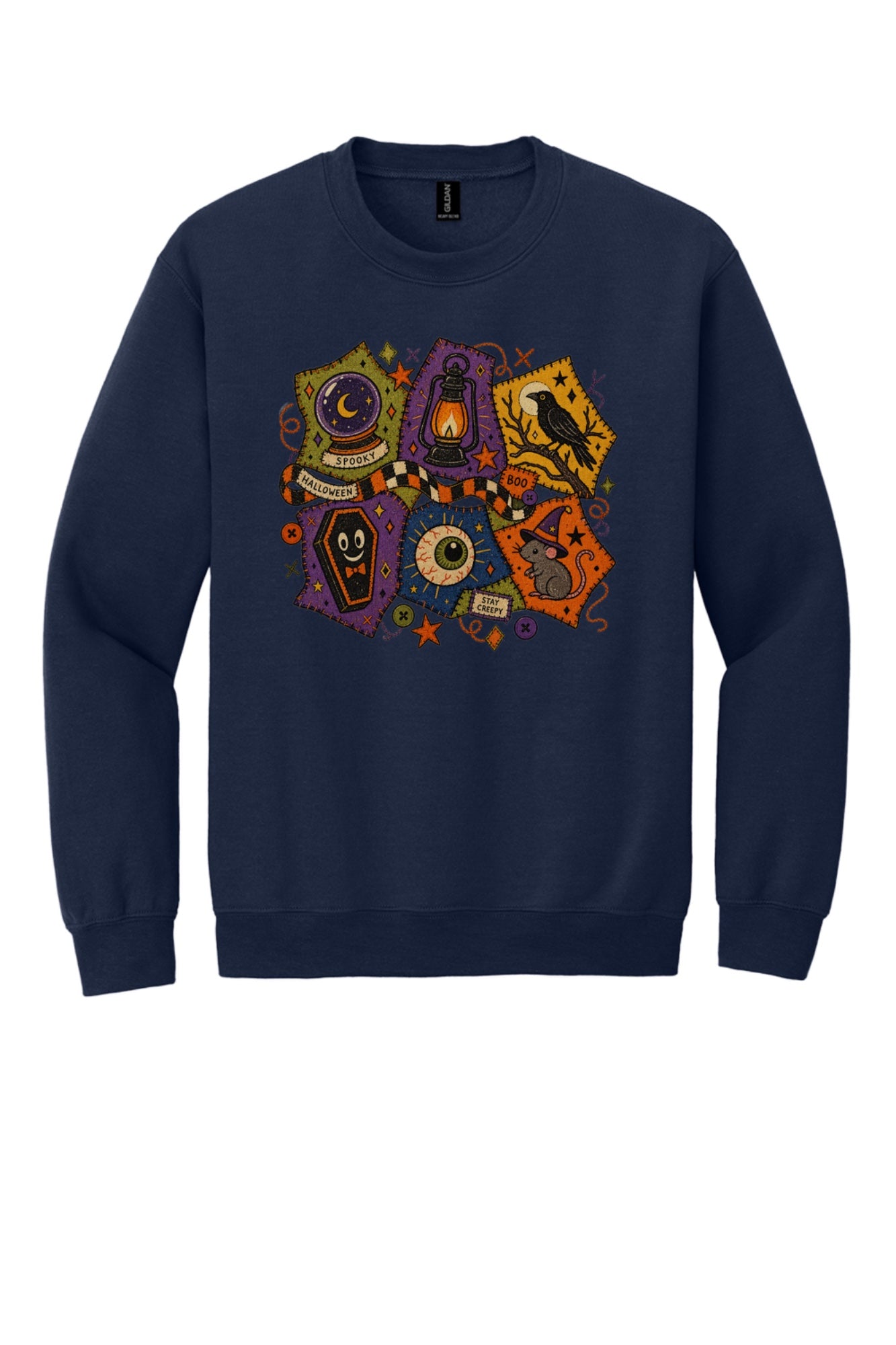 Spooky Halloween patchwork crewneck sweatshirt with STAY CREEPY, BOO, crystal ball, raven, witch mouse DTF print in Navy