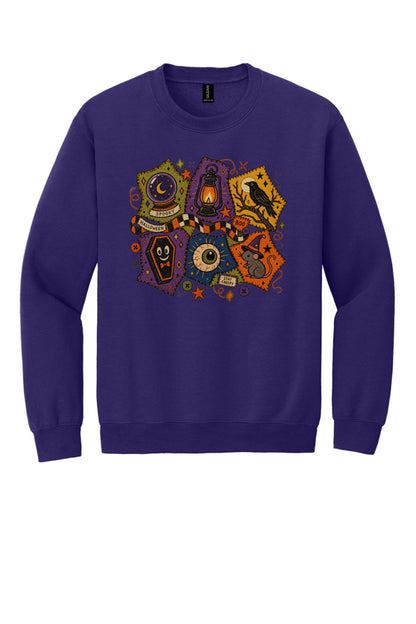 Spooky Halloween patchwork crewneck sweatshirt with STAY CREEPY, BOO, crystal ball, raven, witch mouse DTF print in Purple