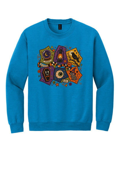Spooky Halloween patchwork crewneck sweatshirt with STAY CREEPY, BOO, crystal ball, raven, witch mouse DTF print in Sapphire