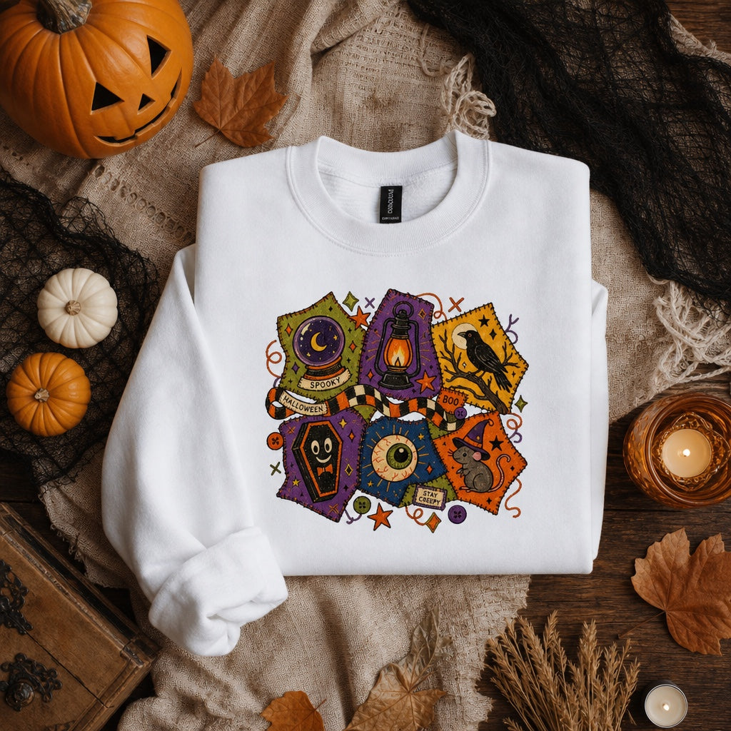 Spooky Halloween patchwork crewneck sweatshirt with STAY CREEPY, BOO, crystal ball, raven, witch mouse DTF print, styled flat lay, no model