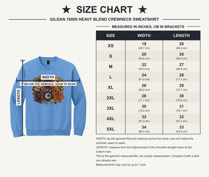 Spooky Halloween patchwork crewneck sweatshirt with STAY CREEPY, BOO, crystal ball, raven, witch mouse DTF print - size chart