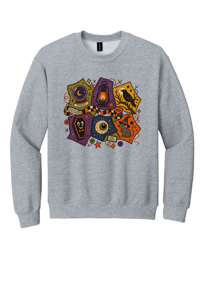 Spooky Halloween patchwork crewneck sweatshirt with STAY CREEPY, BOO, crystal ball, raven, witch mouse DTF print in Sport Grey