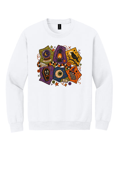 Spooky Halloween patchwork crewneck sweatshirt with STAY CREEPY, BOO, crystal ball, raven, witch mouse DTF print in White