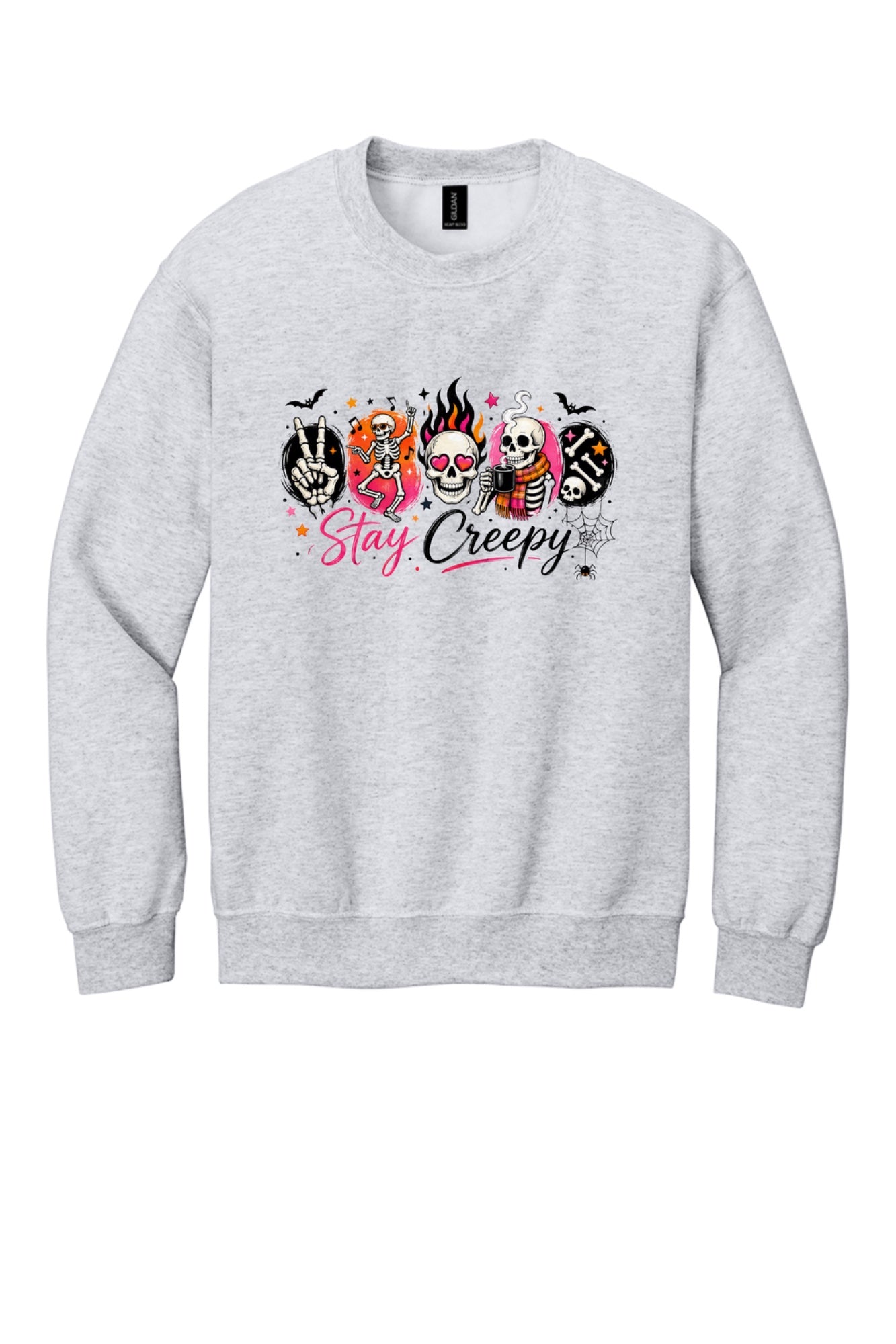 Stay Creepy skeleton Halloween crewneck sweatshirt with flaming skull and heart-eyes DTF print, Gildan 18000 in Ash