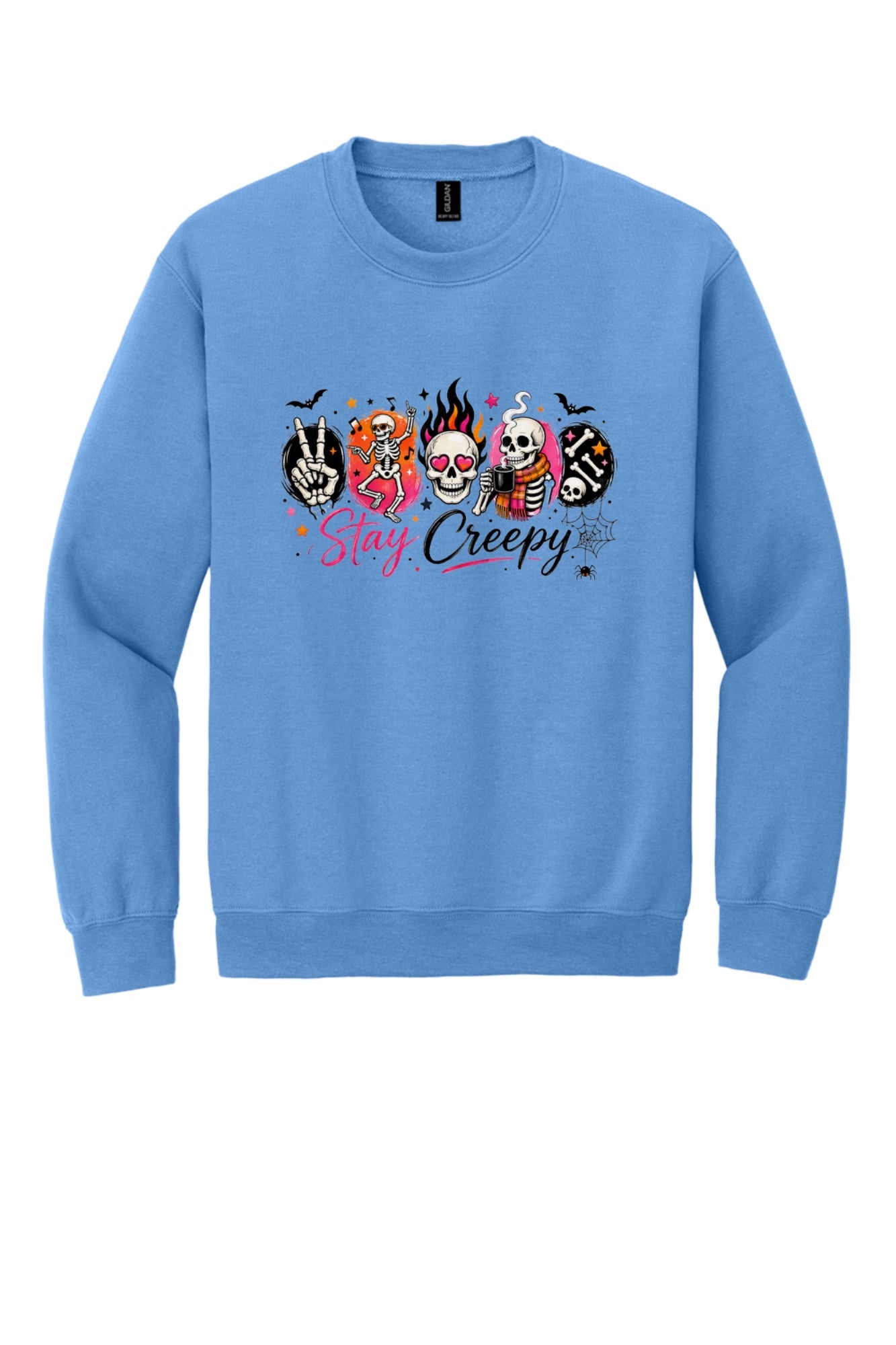 Stay Creepy skeleton Halloween crewneck sweatshirt with flaming skull and heart-eyes DTF print, Gildan 18000 in Carolina Blue