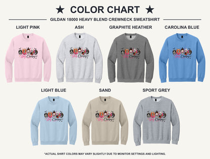 Stay Creepy skeleton Halloween crewneck sweatshirt with flaming skull and heart-eyes DTF print, Gildan 18000 - available shirt colors chart