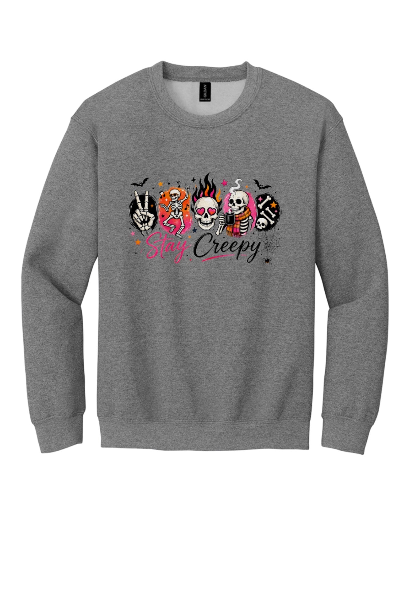 Stay Creepy skeleton Halloween crewneck sweatshirt with flaming skull and heart-eyes DTF print, Gildan 18000 in Graphite Heather