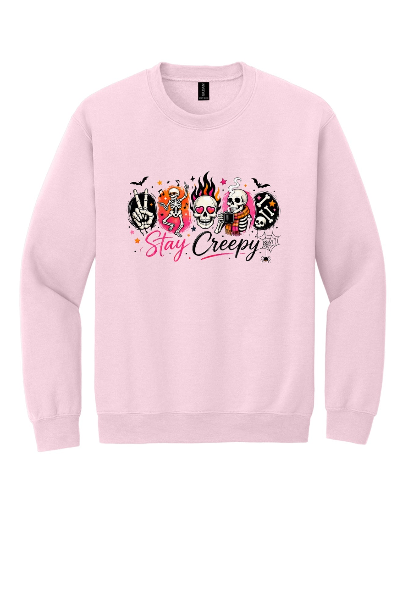 Stay Creepy skeleton Halloween crewneck sweatshirt with flaming skull and heart-eyes DTF print, Gildan 18000 in Light Pink