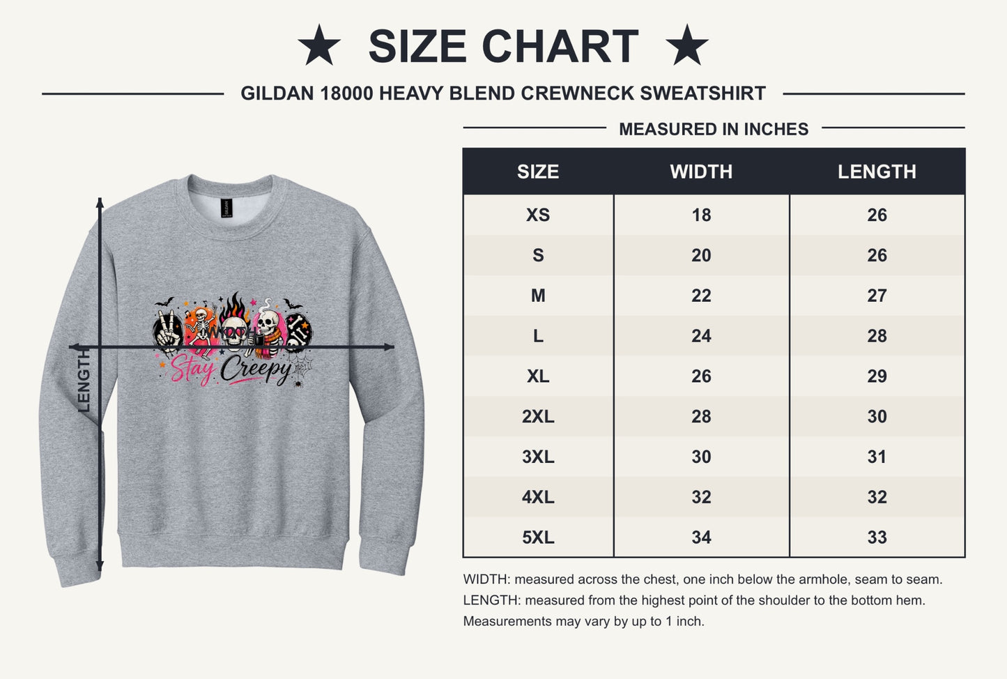 Stay Creepy skeleton Halloween crewneck sweatshirt with flaming skull and heart-eyes DTF print, Gildan 18000 - size chart