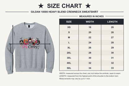 Stay Creepy skeleton Halloween crewneck sweatshirt with flaming skull and heart-eyes DTF print, Gildan 18000 - size chart
