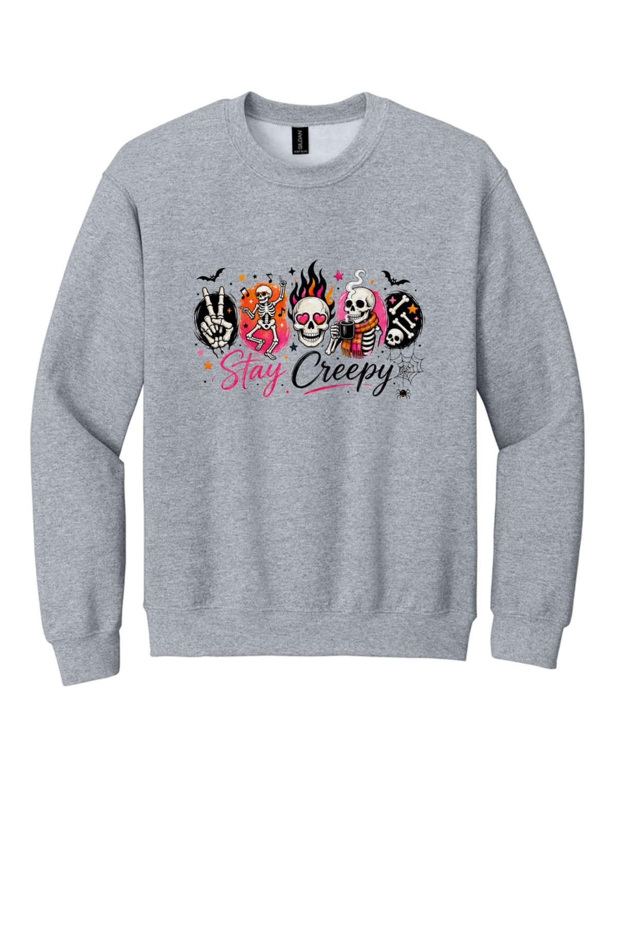 Stay Creepy skeleton Halloween crewneck sweatshirt with flaming skull and heart-eyes DTF print, Gildan 18000 in Sport Grey