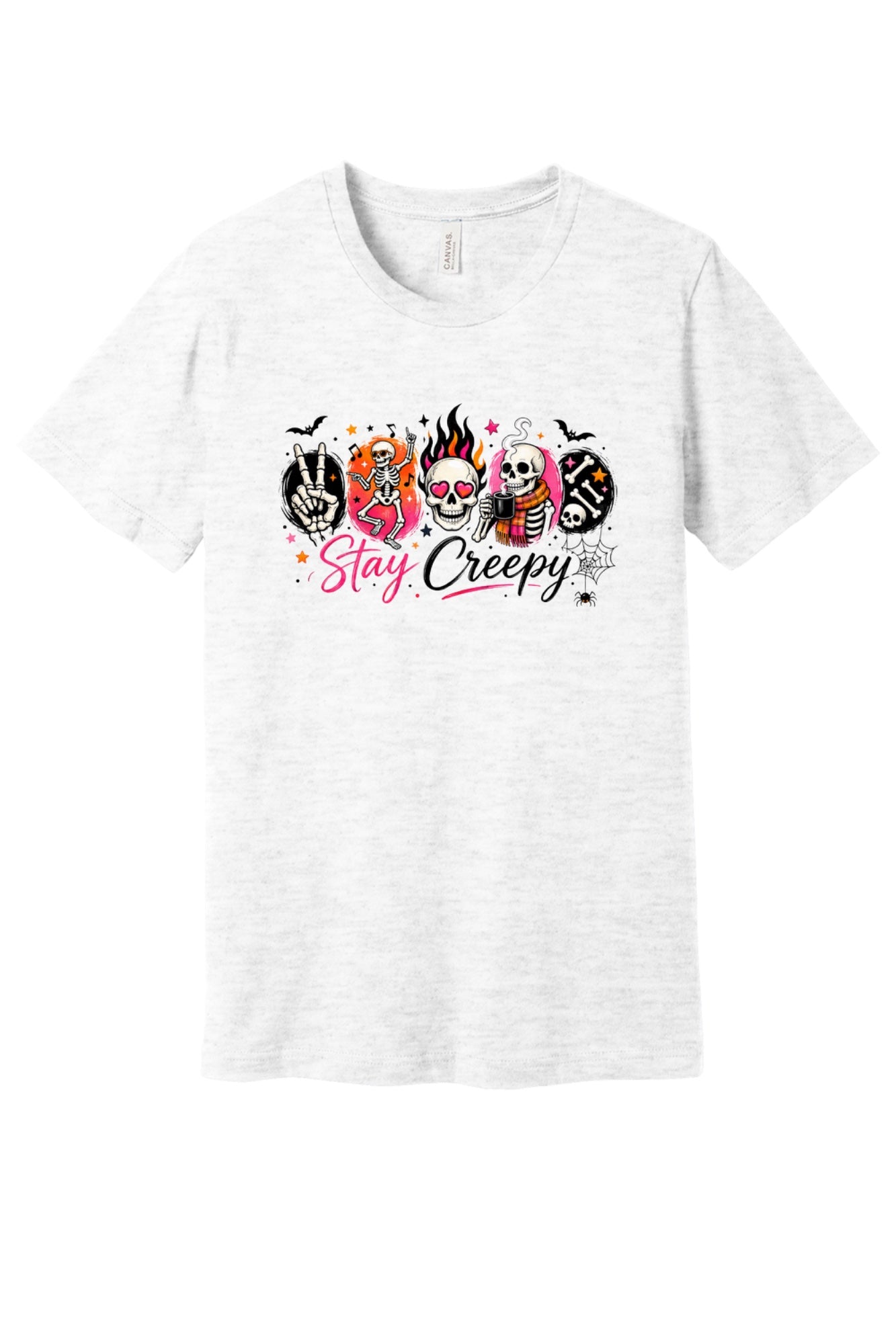 Stay Creepy Halloween graphic tee with dancing skeletons flaming skull and rock hand print in Ash