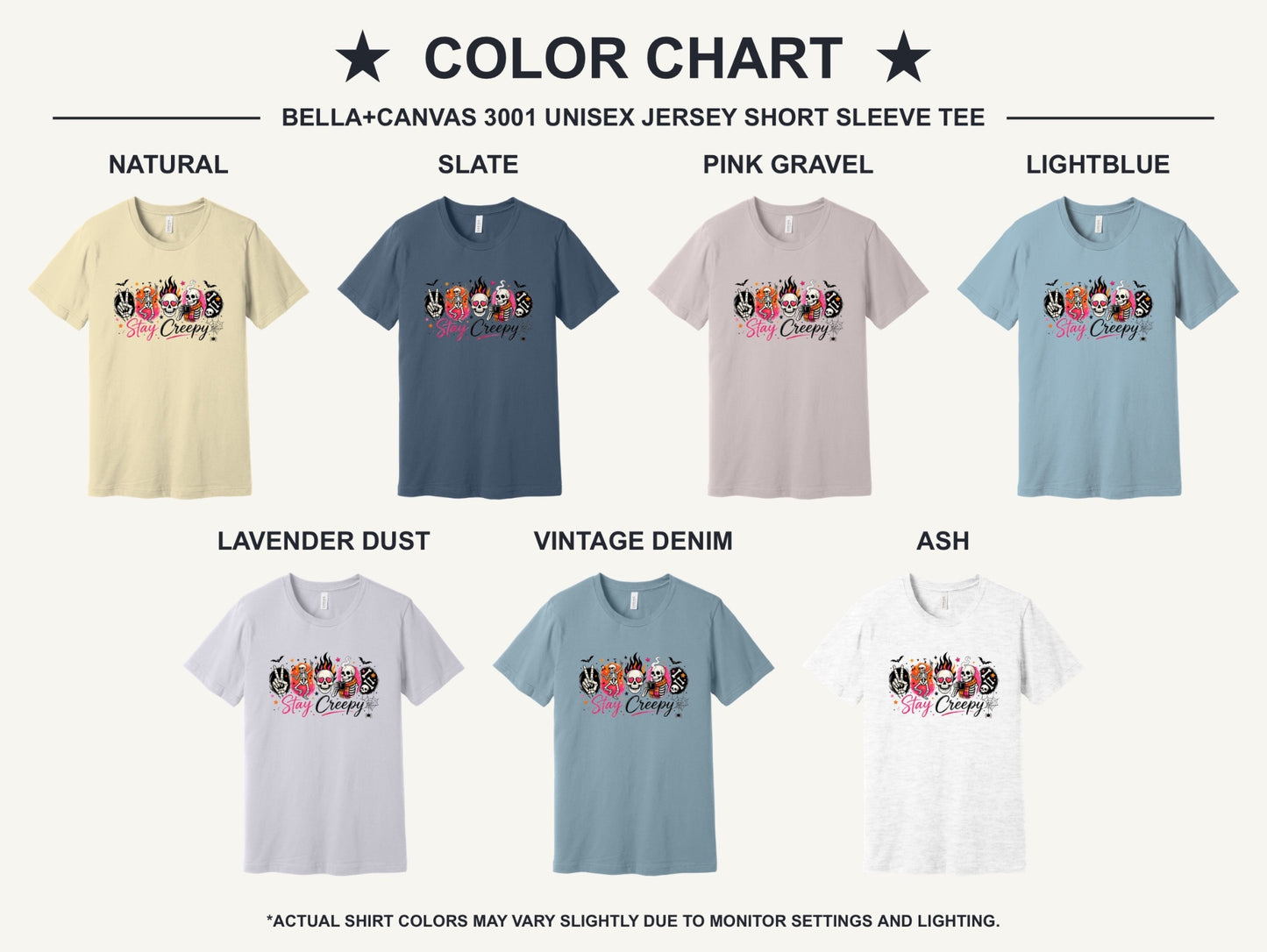 Stay Creepy Halloween graphic tee with dancing skeletons flaming skull and rock hand print - available shirt colors chart