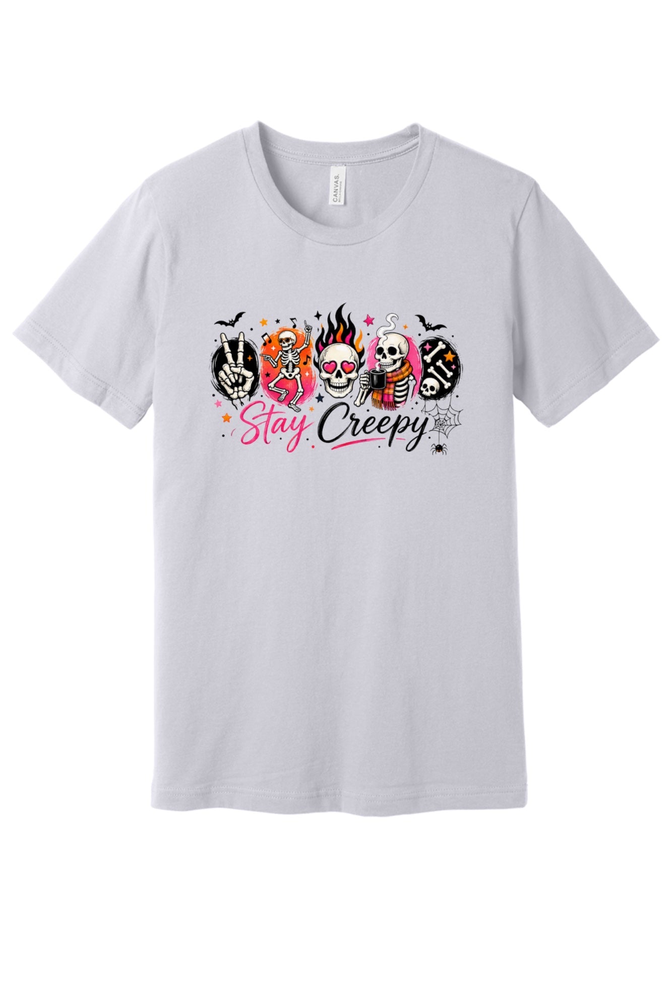 Stay Creepy Halloween graphic tee with dancing skeletons flaming skull and rock hand print in Lavender Dust