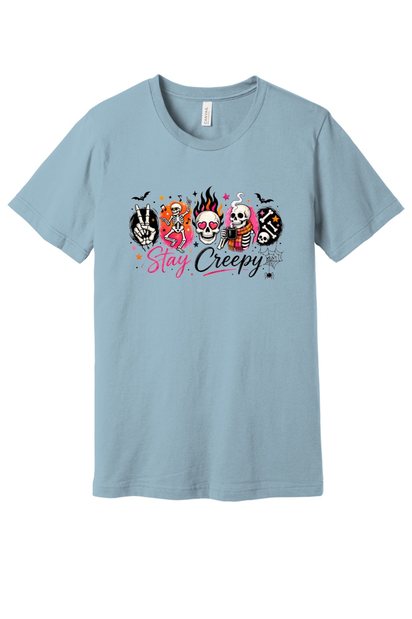 Stay Creepy Halloween graphic tee with dancing skeletons flaming skull and rock hand print in Lightblue