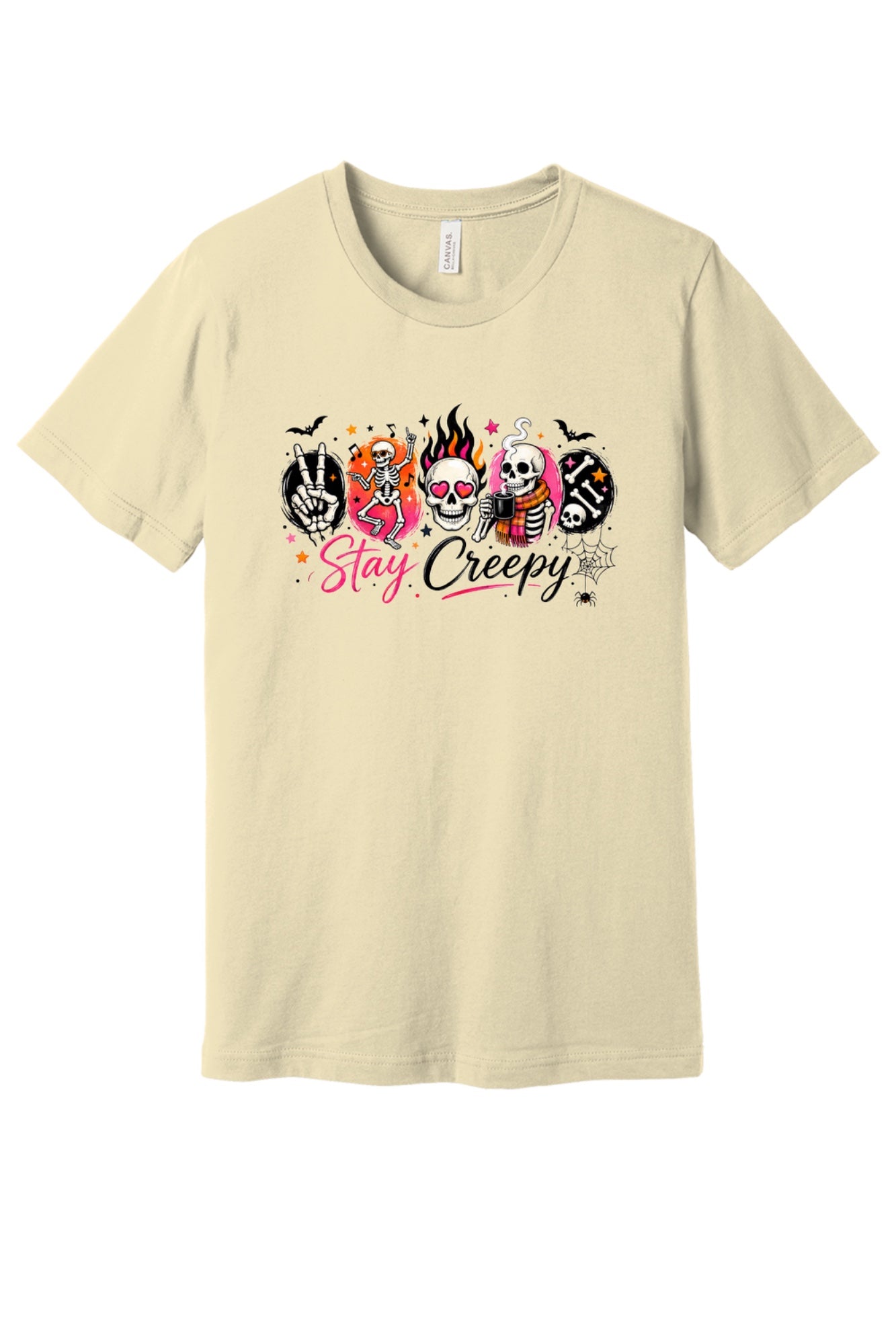 Stay Creepy Halloween graphic tee with dancing skeletons flaming skull and rock hand print in Natural