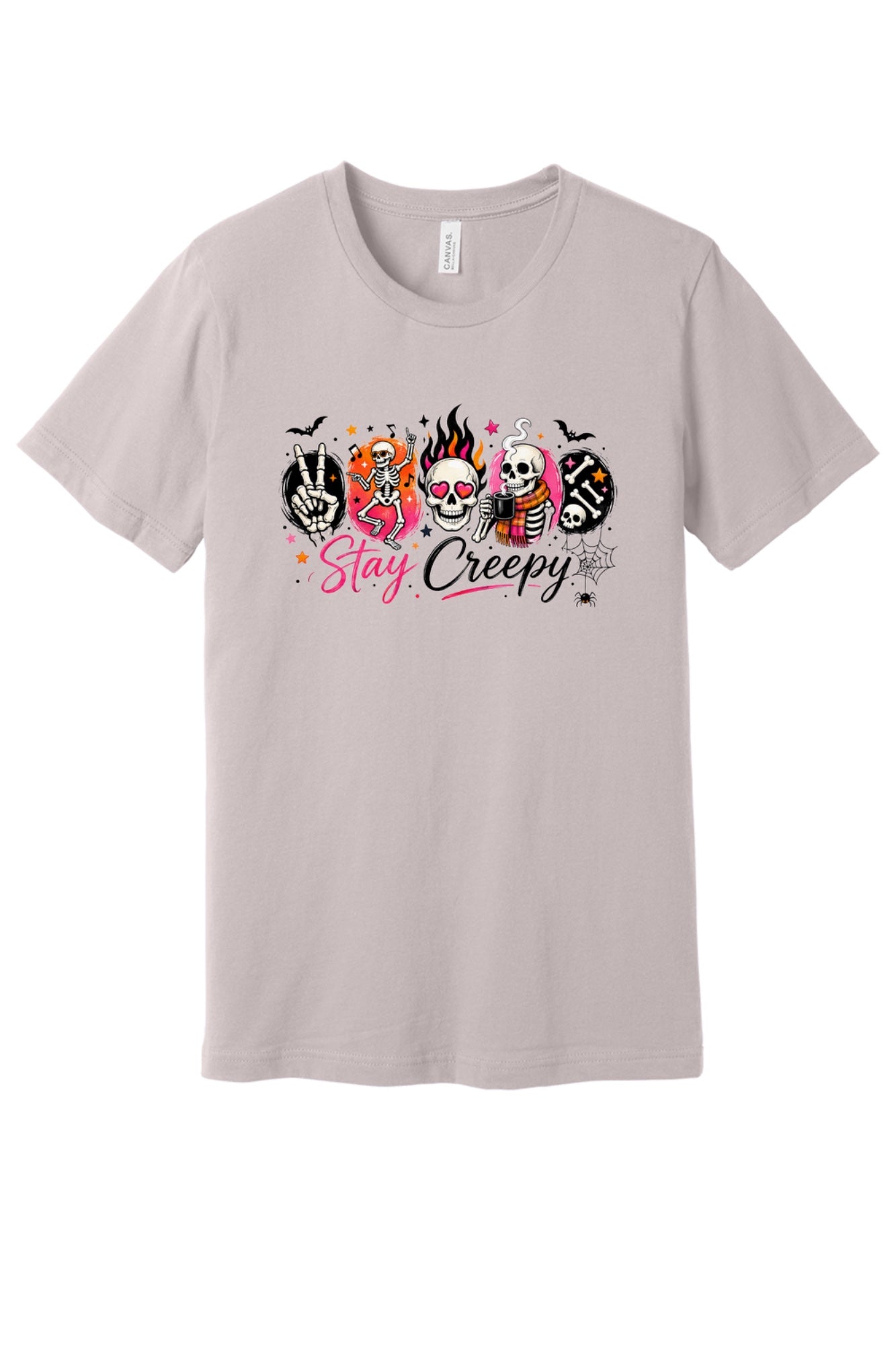 Stay Creepy Halloween graphic tee with dancing skeletons flaming skull and rock hand print in Pink Gravel