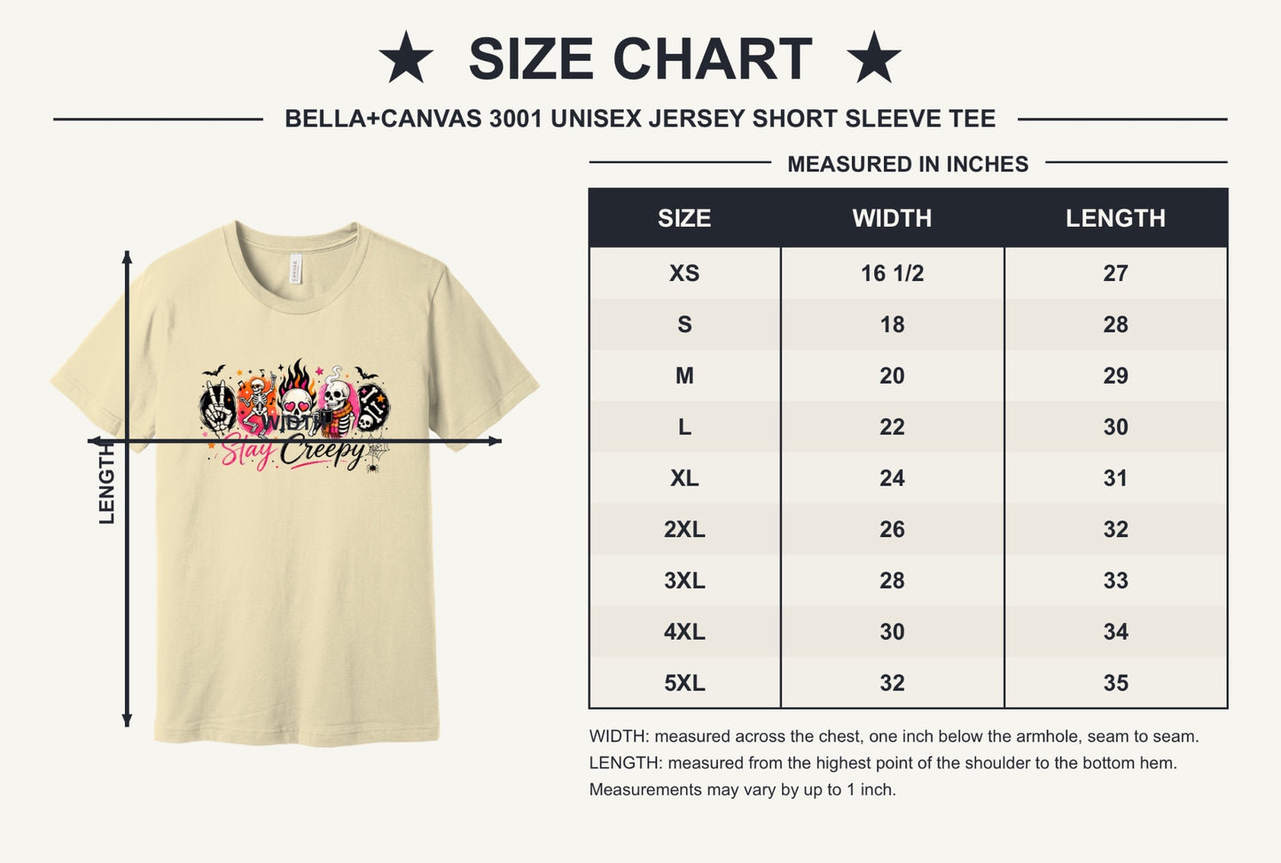 Stay Creepy Halloween graphic tee with dancing skeletons flaming skull and rock hand print - size chart