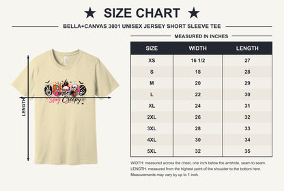 Stay Creepy Halloween graphic tee with dancing skeletons flaming skull and rock hand print - size chart