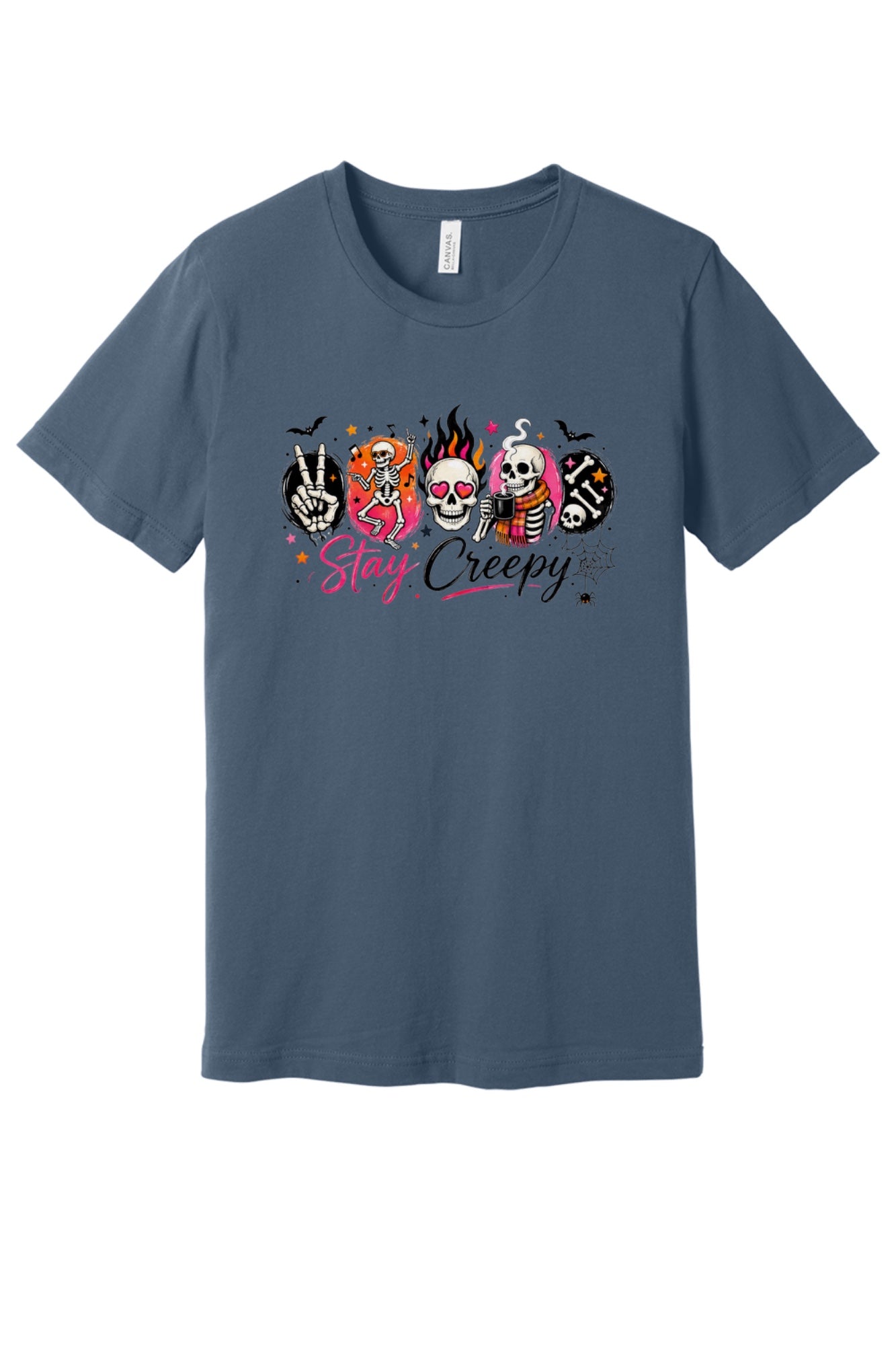 Stay Creepy Halloween graphic tee with dancing skeletons flaming skull and rock hand print in Slate