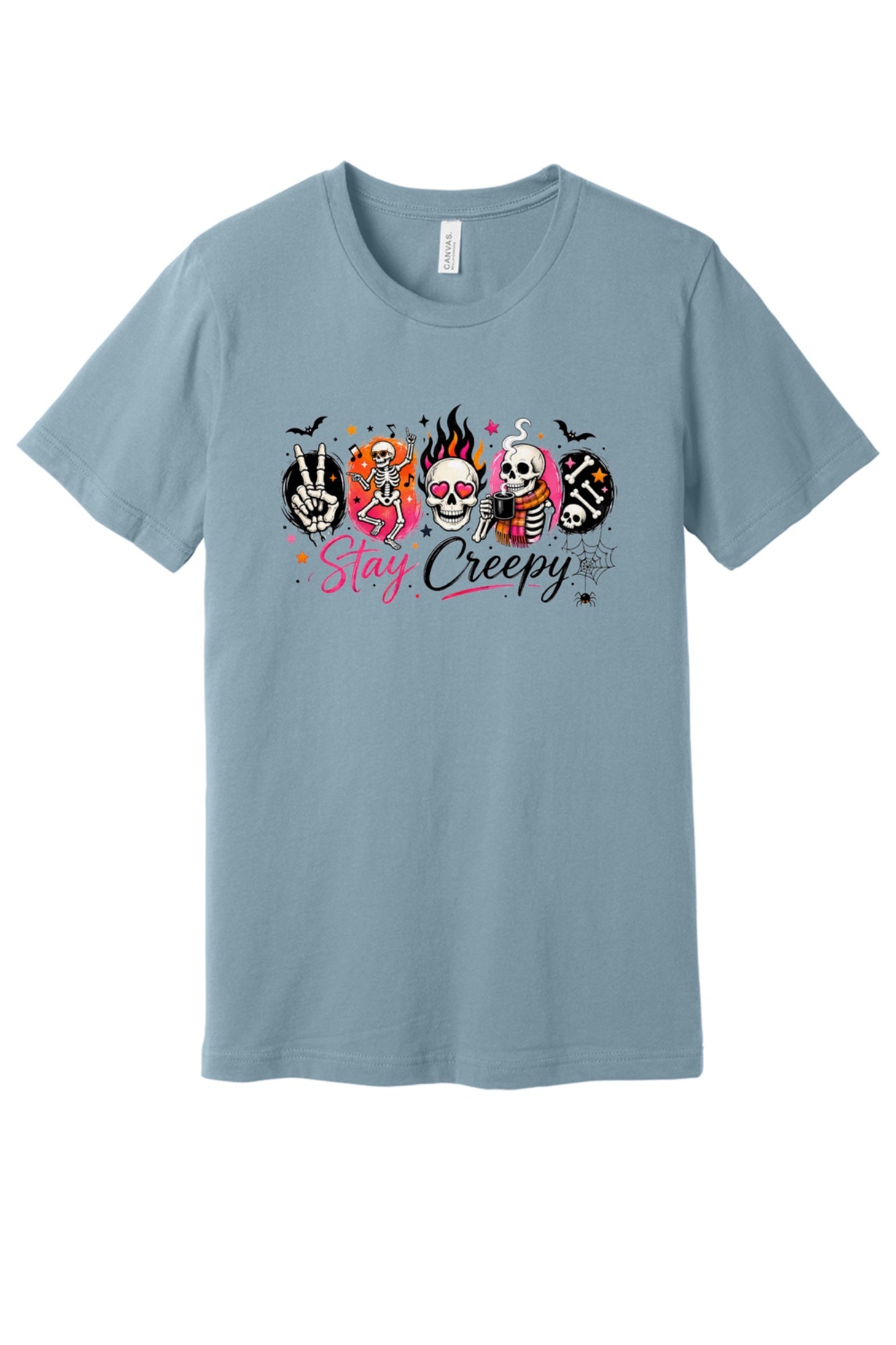 Stay Creepy Halloween graphic tee with dancing skeletons flaming skull and rock hand print in Vintage Denim