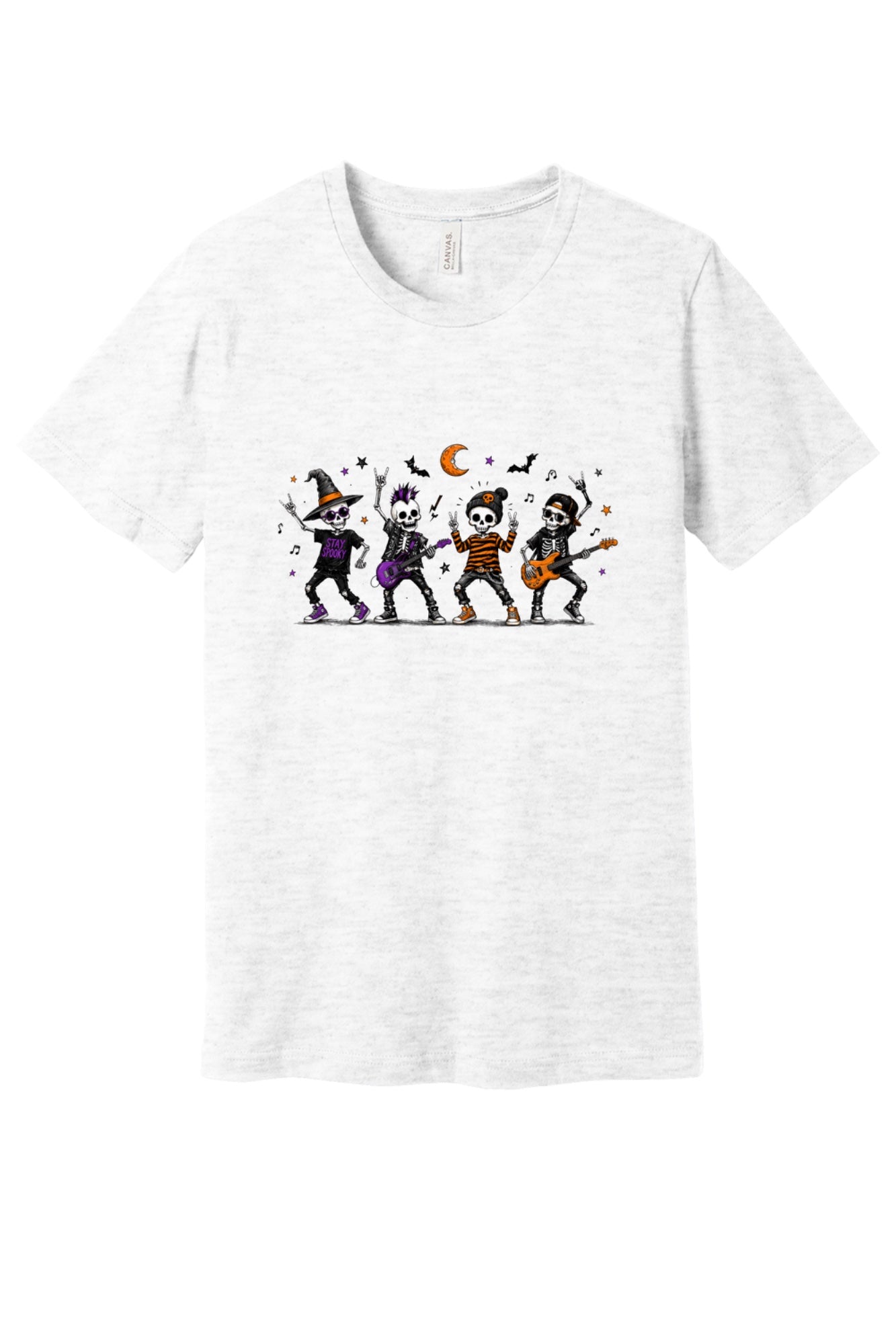 Stay Spooky skeleton punk rock band Halloween printed unisex tee with orange moon and bats in Ash