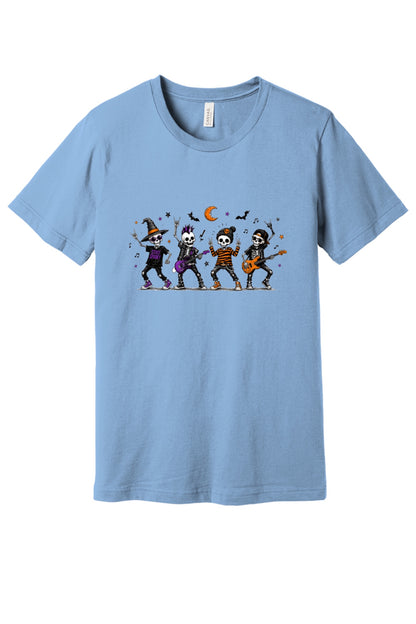 Stay Spooky skeleton punk rock band Halloween printed unisex tee with orange moon and bats in Baby Blue