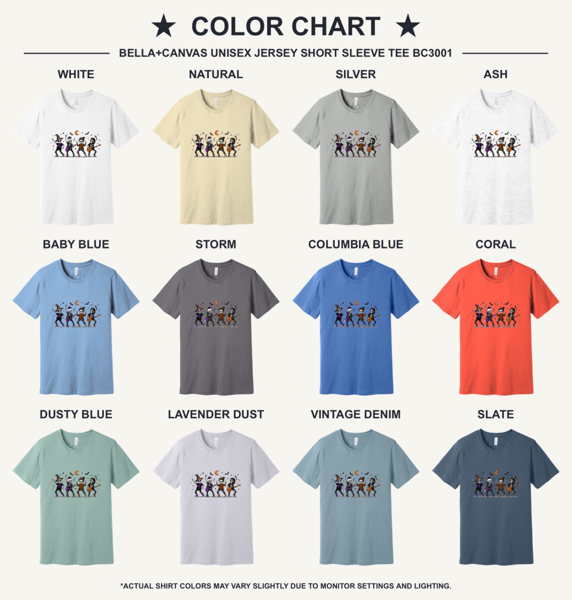 Stay Spooky skeleton punk rock band Halloween printed unisex tee with orange moon and bats - available shirt colors chart