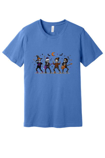 Stay Spooky skeleton punk rock band Halloween printed unisex tee with orange moon and bats in Columbia Blue
