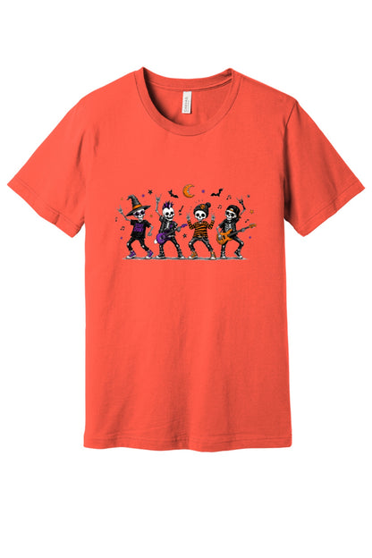 Stay Spooky skeleton punk rock band Halloween printed unisex tee with orange moon and bats in Coral